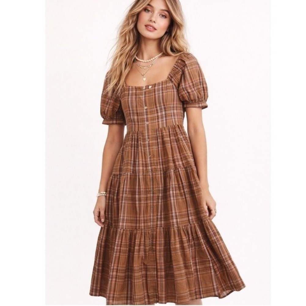 Billie The Label Eleanor Plaid Puff Sleeve Midi‎ Dress Size 0 NWT